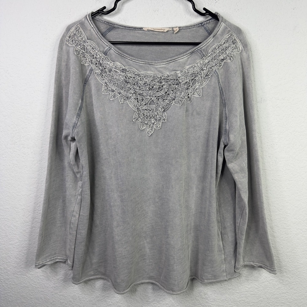 Soft Surroundings Sweatshirt Womens L Gray Crochet Lace Boho Grunge Cottagecore